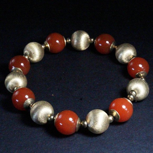 Sterling Silver Vermeil Textured Carnelian Beaded Bracelet - Picture 1 of 7